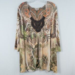 One World Embellished 3/4 Sleeve Tunic Top 3X Boho Artsy Scoop Neck Stretchy